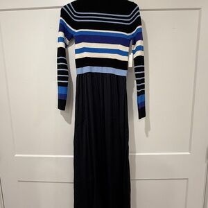 Anthropologie Striped Long-Sleeve Maxi Dress in Black, Blue and White